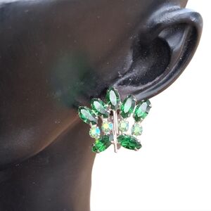 Mid-Century Mod Aurora Borealis & Green Crystal Clip Earrings